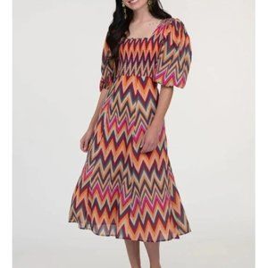 NWT OLIVIA JAMES | Bridget Zig Zag Chevron Puff Sleeve Smocked Midi Dress
